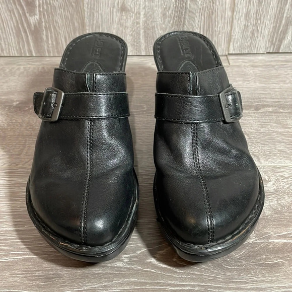 Born Black Leather Buckle Heeled Clogs Mules 8 - Picture 2 of 15